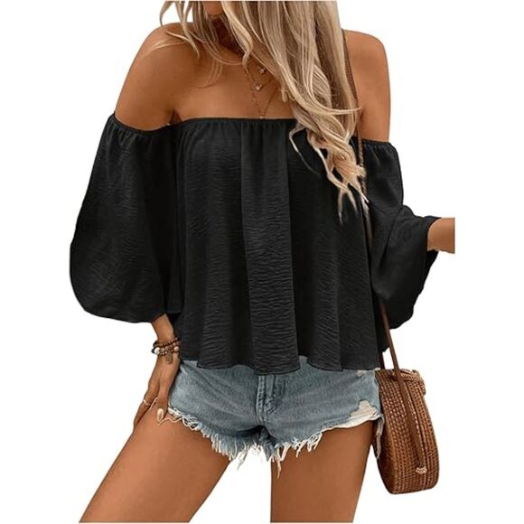 Off Shoulder Ruffle Hem Flowy Chiffon Blouses Top, M, 141T002 - Picture 1 of 2
